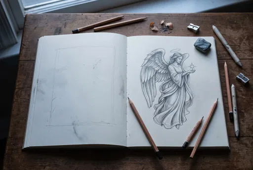 Sketchbook With Graphite Christmas Angel Drawing