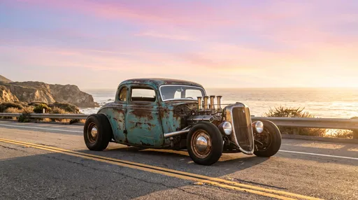Turquoise Patina Rat Rod on Coastal Highway