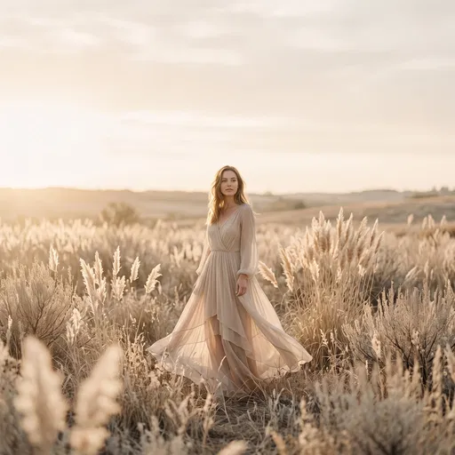 Woman in Beige Dress in Meadow