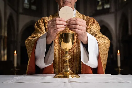 Priest Holding Communion Host Above Chalice