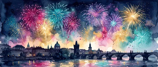 Watercolor Fireworks Over Historic City Skyline