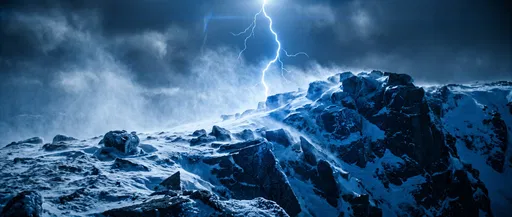 Lightning Strike Over Snowy Mountain Ridge