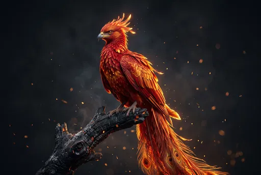 Fiery Phoenix Perched on Charred Branch