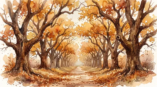 Watercolor Autumn Tree-Lined Country Lane
