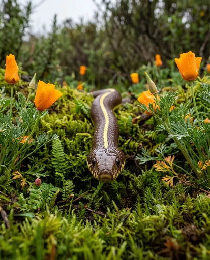 Striped California Kingsnake in Moss and Poppies