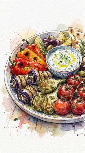 Watercolor Mediterranean Vegetable Platter Illustration