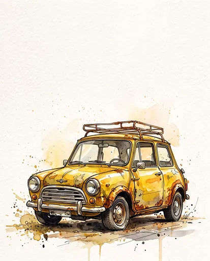 Watercolor Illustration of Rusty Yellow Compact Car