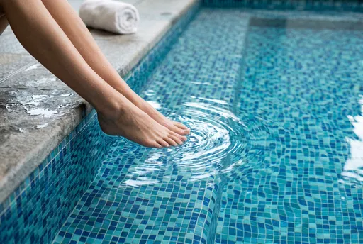 Bare Feet Dipping Into Blue Tiled Pool