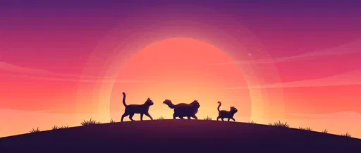 Three Cat Silhouettes Walking at Sunset