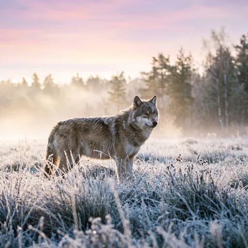Wolf Standing in Frosty Morning Meadow