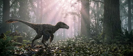 Feathered Velociraptor in Misty Dawn Forest