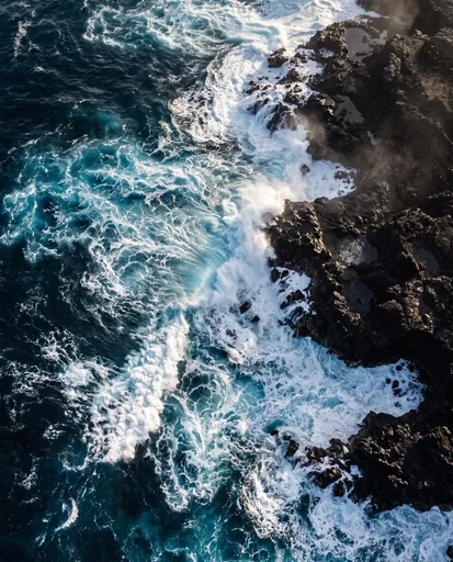 Aerial View of Waves on Volcanic Rocks