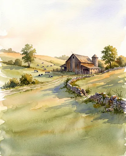 Watercolor Hillside Dairy Farm Landscape