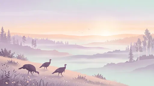 Pastel Landscape Illustration With Wild Turkeys