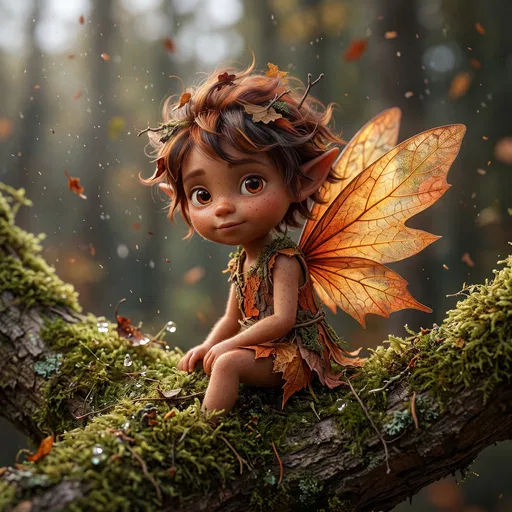 Autumn Forest Sprite on Mossy Branch