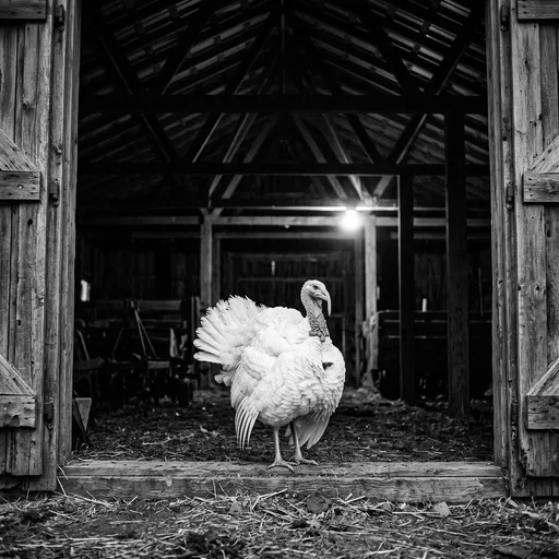White Turkey Standing in Barn Doorway