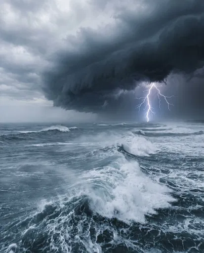 Lightning Strike Over Stormy Ocean Waves