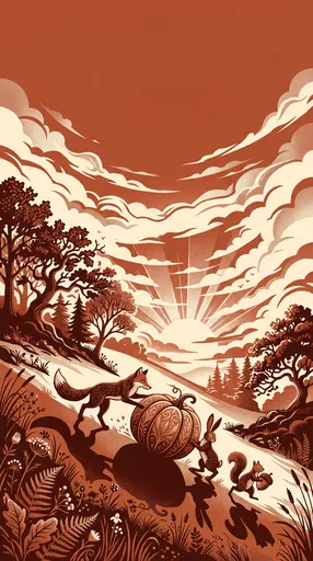 Woodland Animals With Pumpkin Sunset Illustration