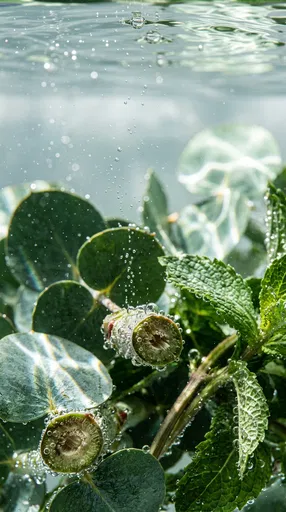 Submerged Eucalyptus and Mint Leaves Underwater