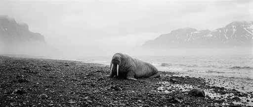 Monochrome Walrus on Misty Pebble Beach
