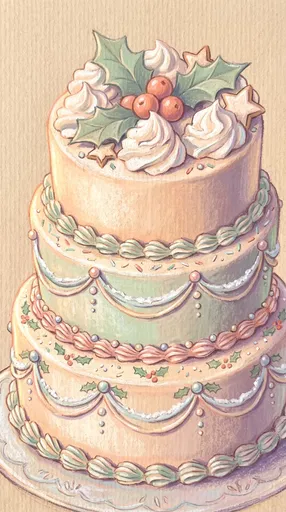 Pastel Illustration of Three-Tiered Christmas Cake