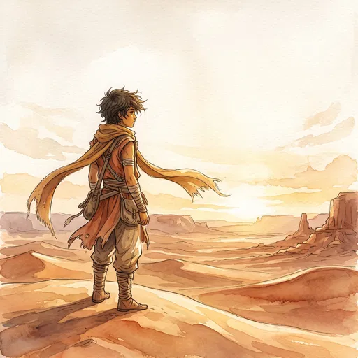 Watercolor Anime Desert Nomad Youth At Sunset