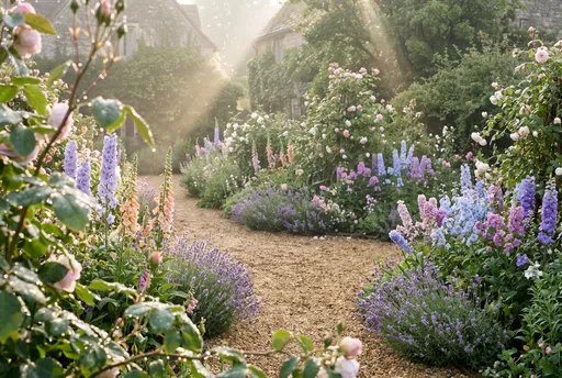 Sunlit English Cottage Garden Pathway