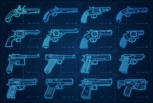 Neon Blueprint Grid of Various Handguns