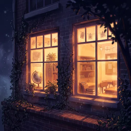 Glowing Classroom Windows at Night Illustration