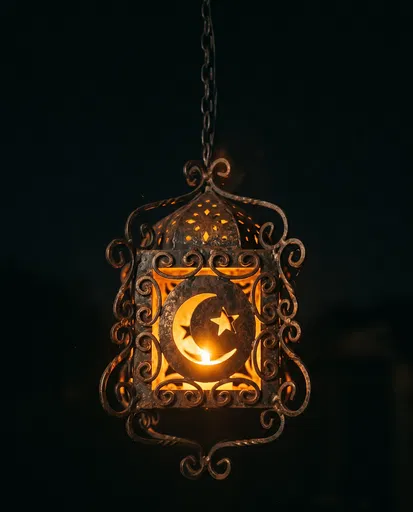 Glowing Wrought-Iron Crescent and Star Lantern