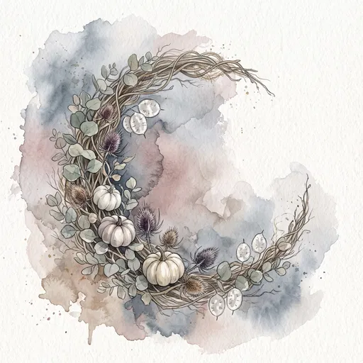 Watercolor Crescent Moon Autumn Botanical Wreath