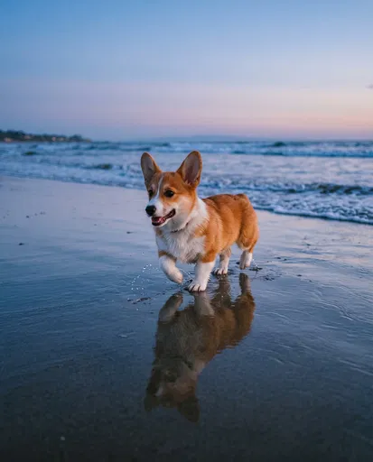 Corgi Puppy Walking on Dusk Beach