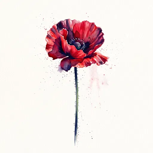 Crimson Watercolor Poppy on White Background