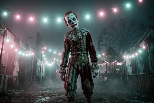 Creepy Clown in Foggy Night Carnival