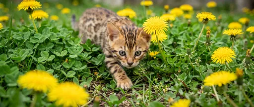 Bengal Kitten Stalking in Dandelion Field