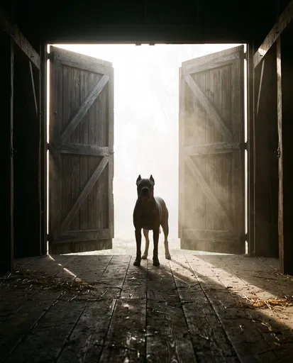 Backlit Dog Standing in Barn Doorway