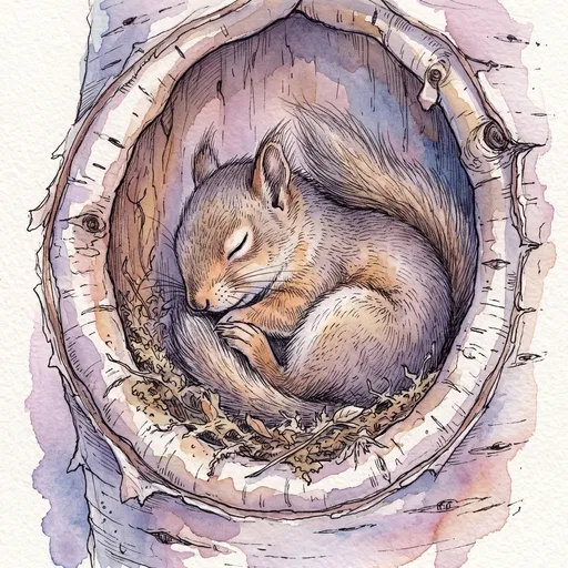 Watercolor Sleeping Squirrel in Birch Hollow