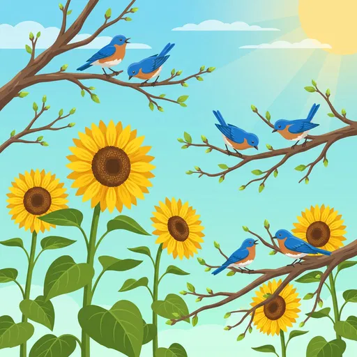 Bluebirds and Sunflowers in Morning Sun Illustration