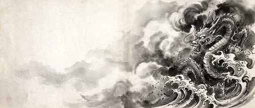 Sumi-e Japanese Dragon in Waves