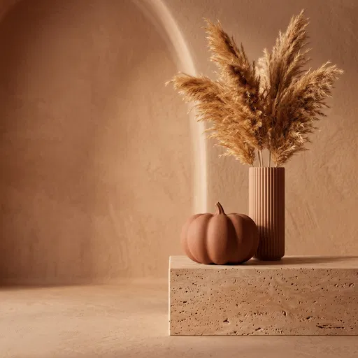 Terracotta Pumpkin and Pampas on Plinth
