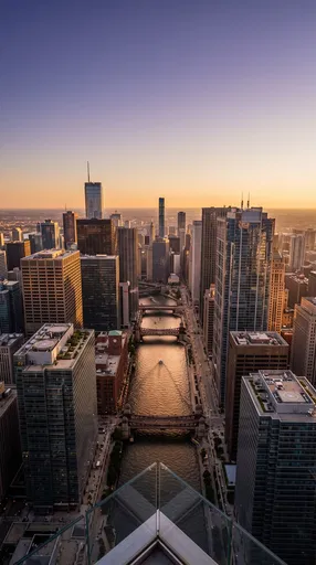 Aerial Cityscape River View at Sunset