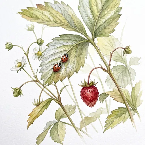 Watercolor Wild Strawberry Plant with Two Ladybugs