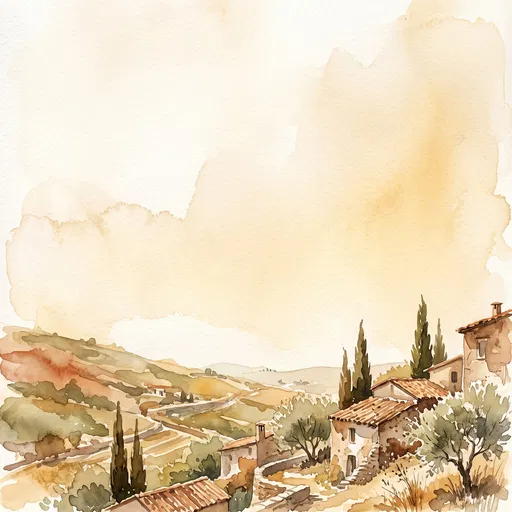 Mediterranean Hillside Watercolor Landscape
