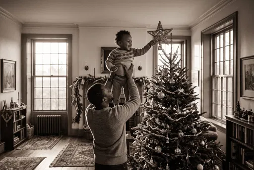 Father Lifting Toddler to Decorate Christmas Tree