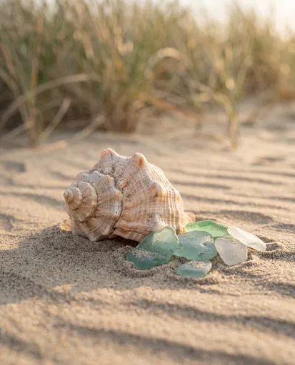 Conch Shell and Sea Glass on Sand