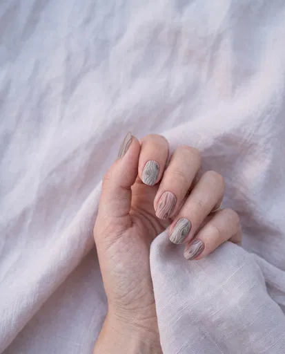 Hand With Matte Wood Grain Nail Art