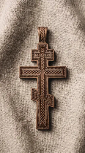 Carved Wooden Orthodox Cross on Linen