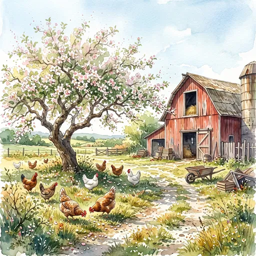 Watercolor Farmyard With Hens and Red Barn