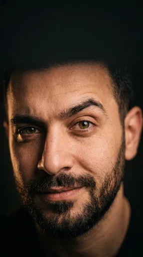 Close-Up Portrait of Smirking Bearded Man