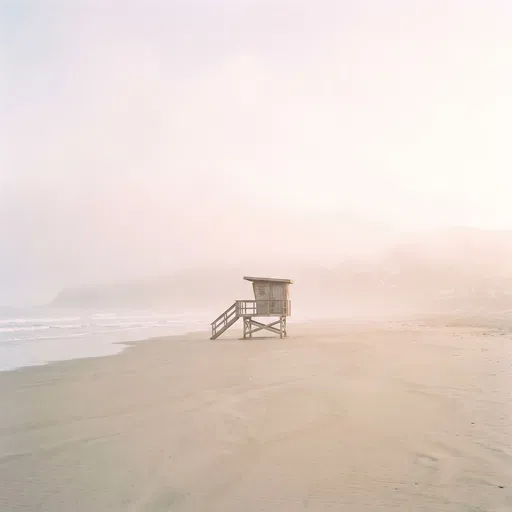 Minimalist Lifeguard Tower on Misty Beach